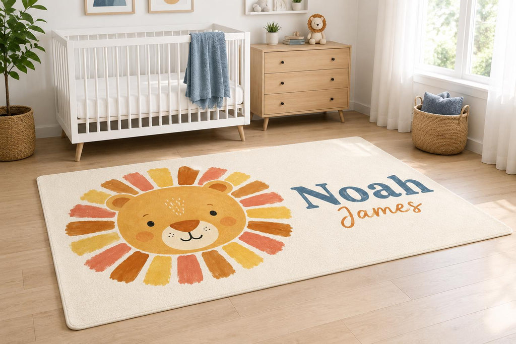 Personalized Lion Nursery Rug, Custom Name Round Rug, Safari Baby Boy Room Decor, Kids Bedroom Carpet, Wild One Baby Gift