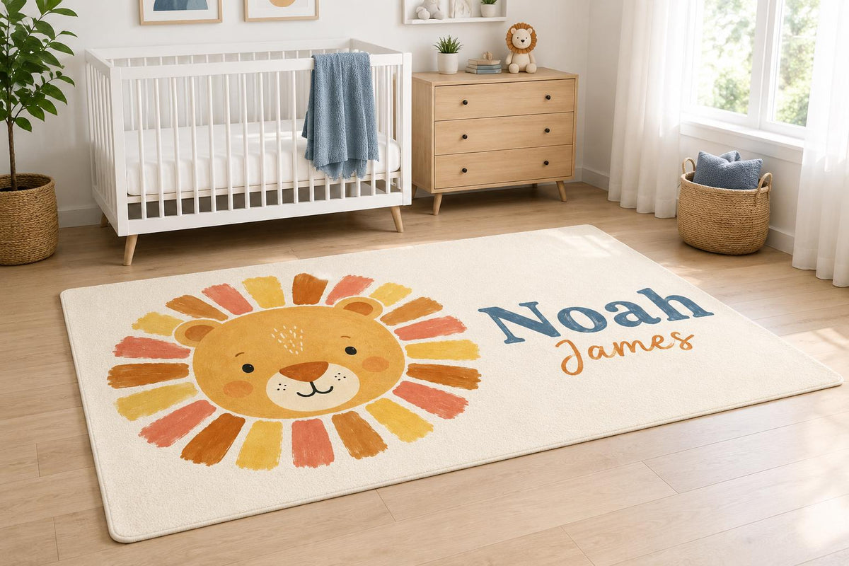 Personalized Lion Nursery Rug, Custom Name Round Rug, Safari Baby Boy Room Decor, Kids Bedroom Carpet, Wild One Baby Gift