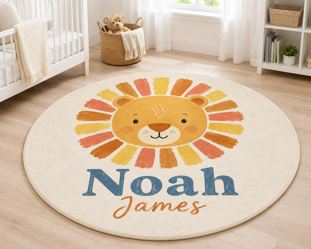 Personalized Lion Nursery Rug, Custom Name Round Rug, Safari Baby Boy Room Decor, Kids Bedroom Carpet, Wild One Baby Gift
