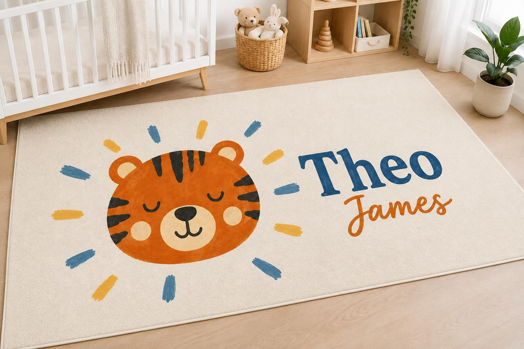 Personalized Tiger Nursery Rug, Custom Name Round Rug, Safari Baby Boy Room Decor, Kids Bedroom Carpet, Wild Animal Baby Gift