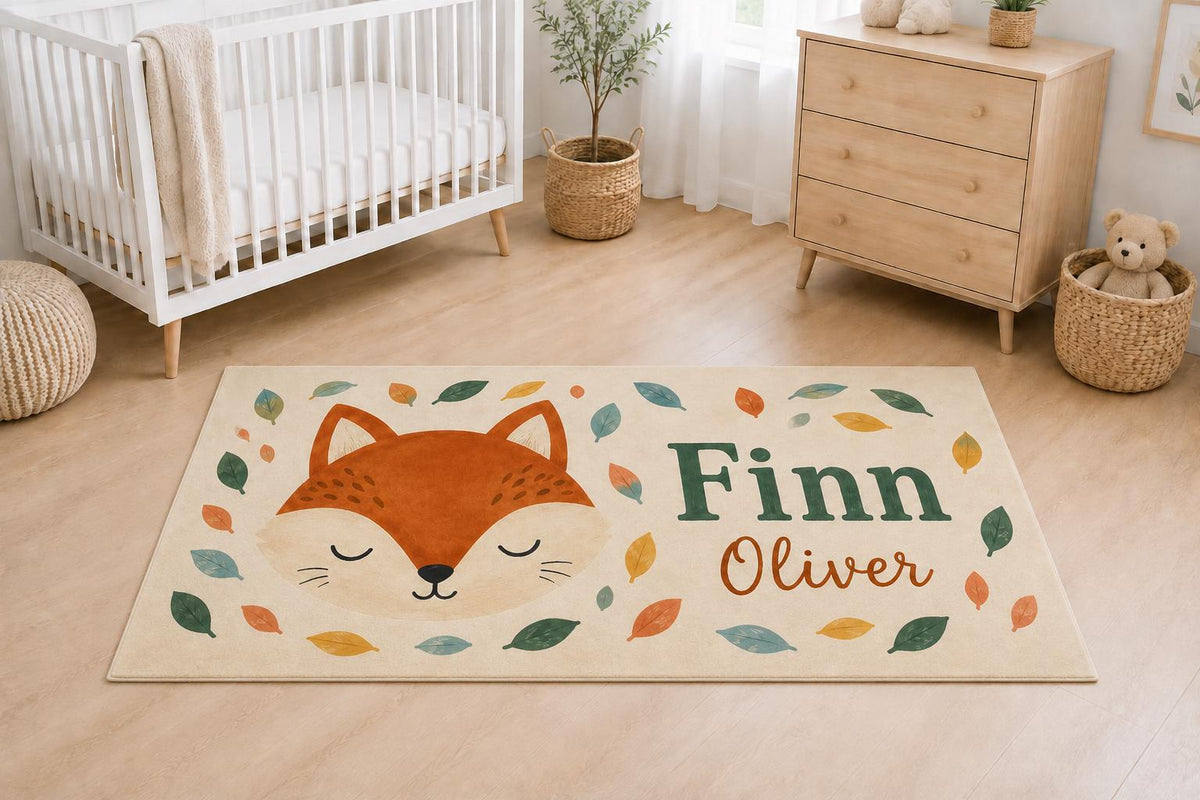 Personalized Fox Nursery Rug, Custom Name Round Rug, Woodland Baby Boy Room Decor, Kids Bedroom Carpet, Forest Animal Baby Gi