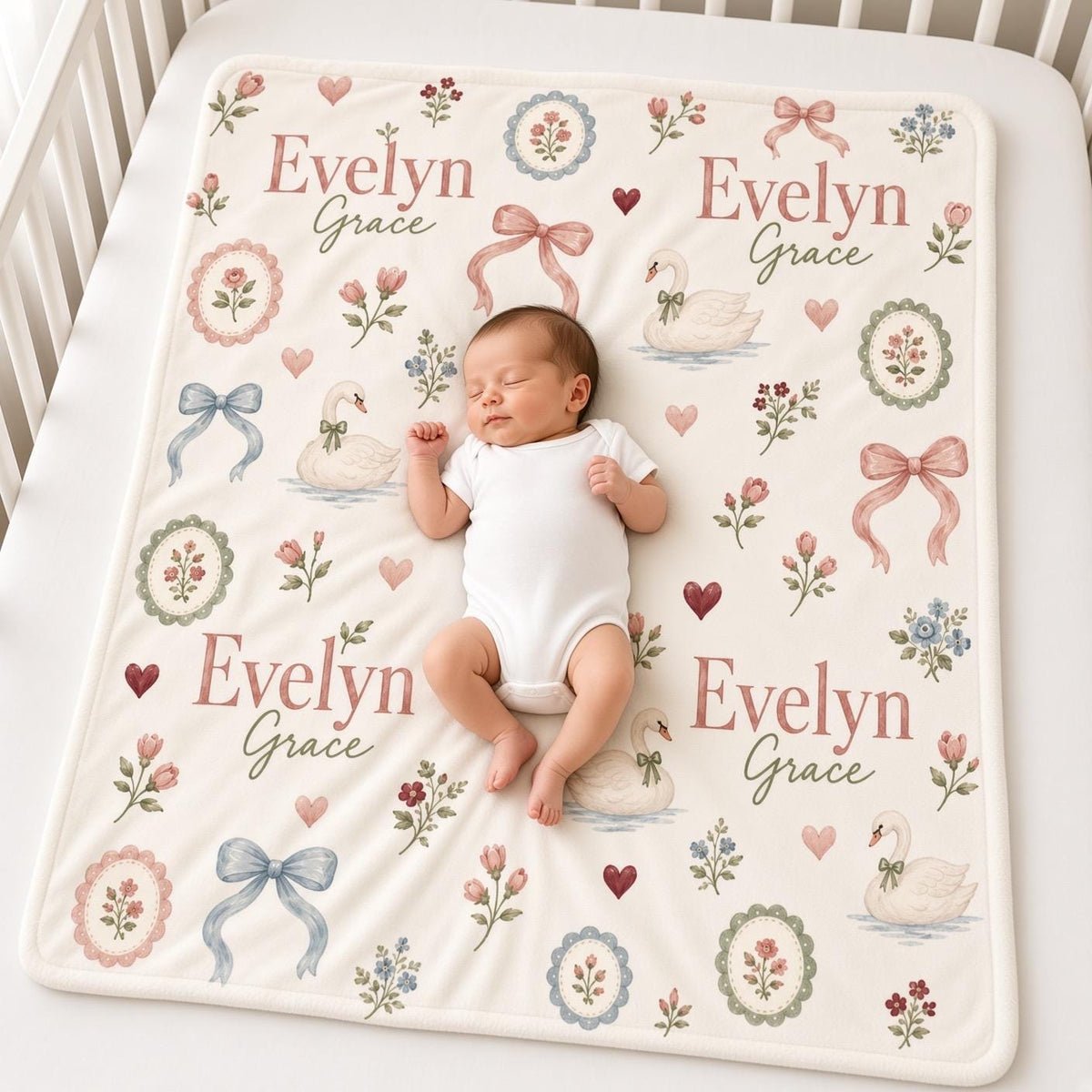 Personalized Swan Baby Blanket, Custom Name Baby Girl Blanket, Vintage Floral Nursery Decor, Bow Baby Blanket, Baby Shower Gi