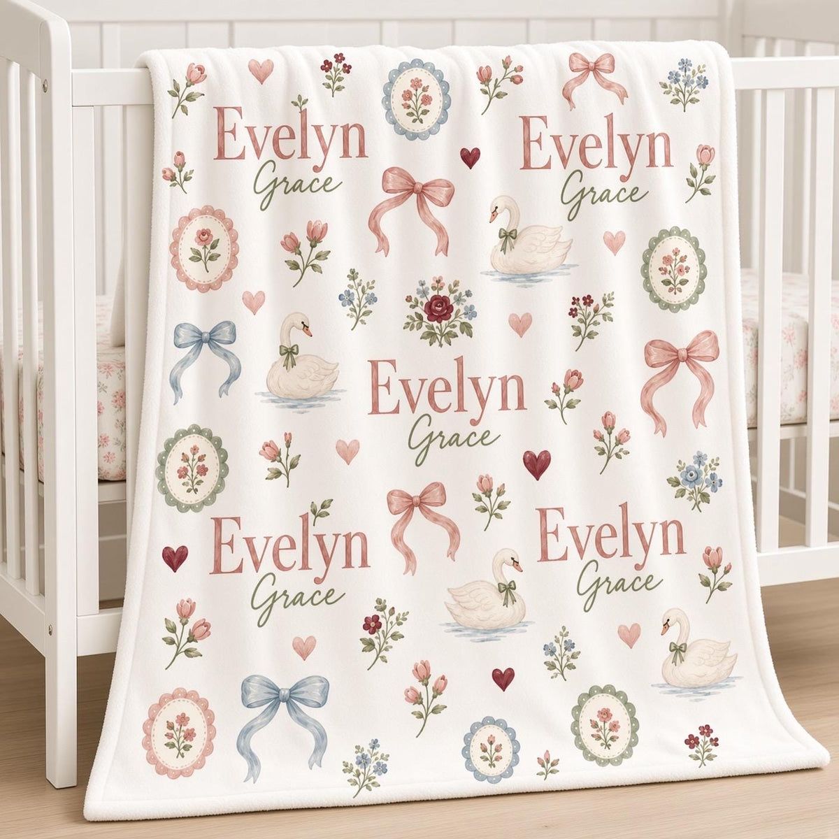 Personalized Swan Baby Blanket, Custom Name Baby Girl Blanket, Vintage Floral Nursery Decor, Bow Baby Blanket, Baby Shower Gi