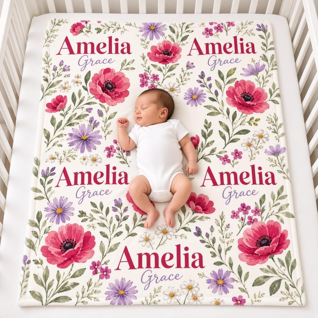 Personalized Floral Baby Blanket, Custom Name Baby Girl Blanket, Wildflower Nursery Decor, Poppy Flower Blanket, Baby Shower 