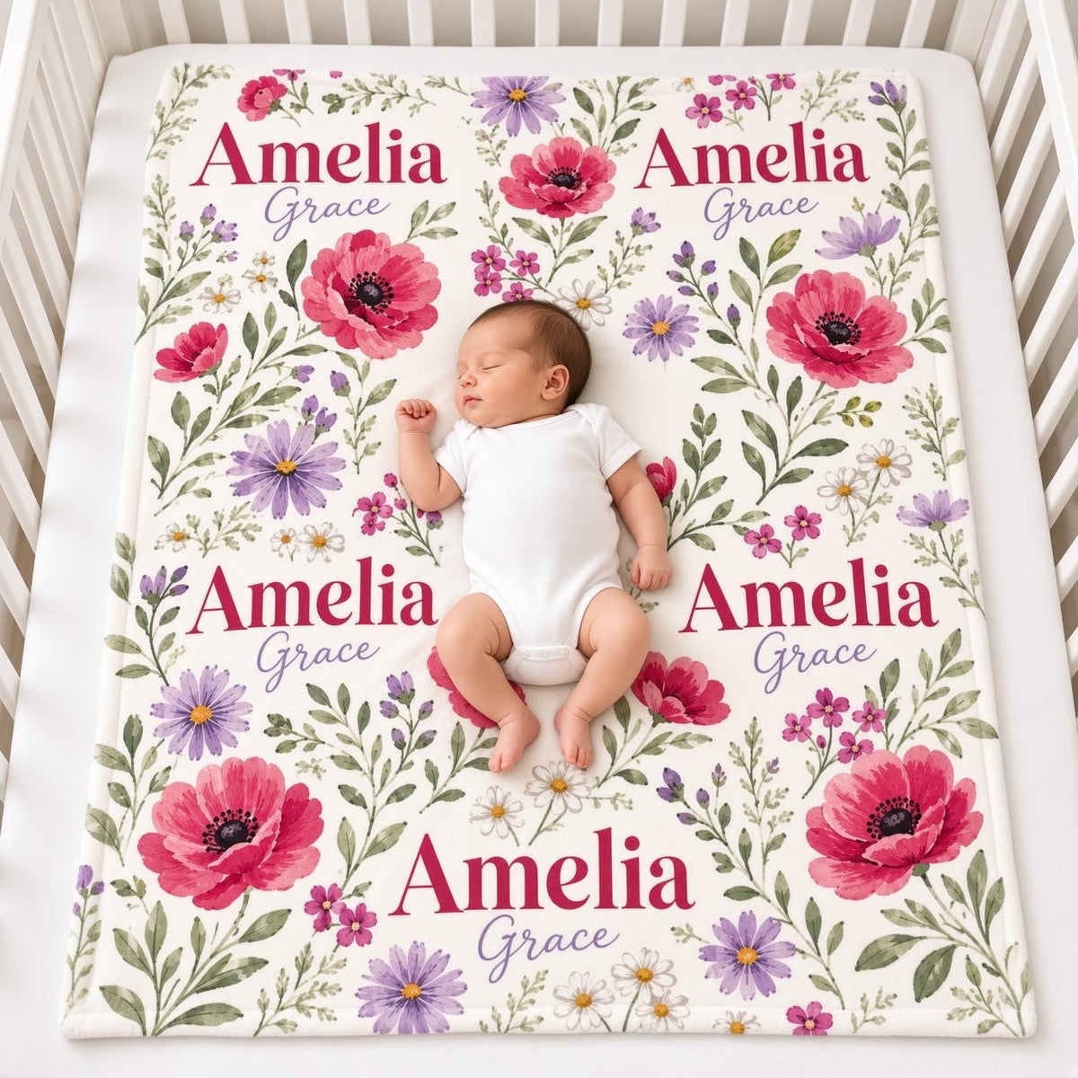 Personalized Floral Baby Blanket, Custom Name Baby Girl Blanket, Wildflower Nursery Decor, Poppy Flower Blanket, Baby Shower 