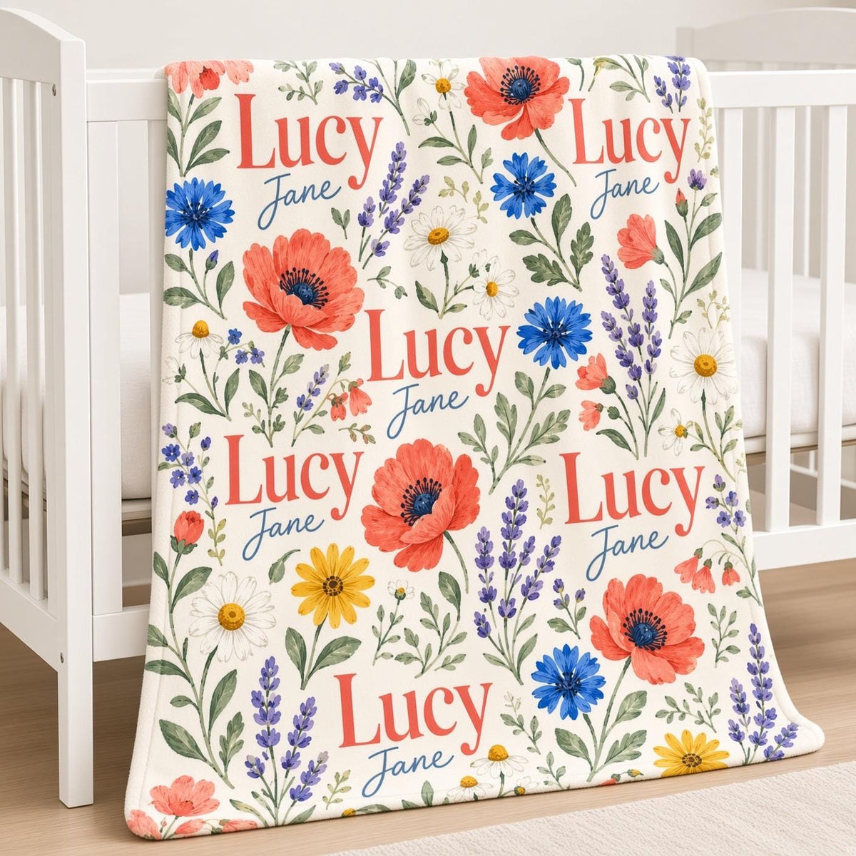 Personalized Wildflower Baby Blanket, Custom Name Baby Girl Blanket, Colorful Floral Nursery Decor, Newborn Baby Shower Gif
