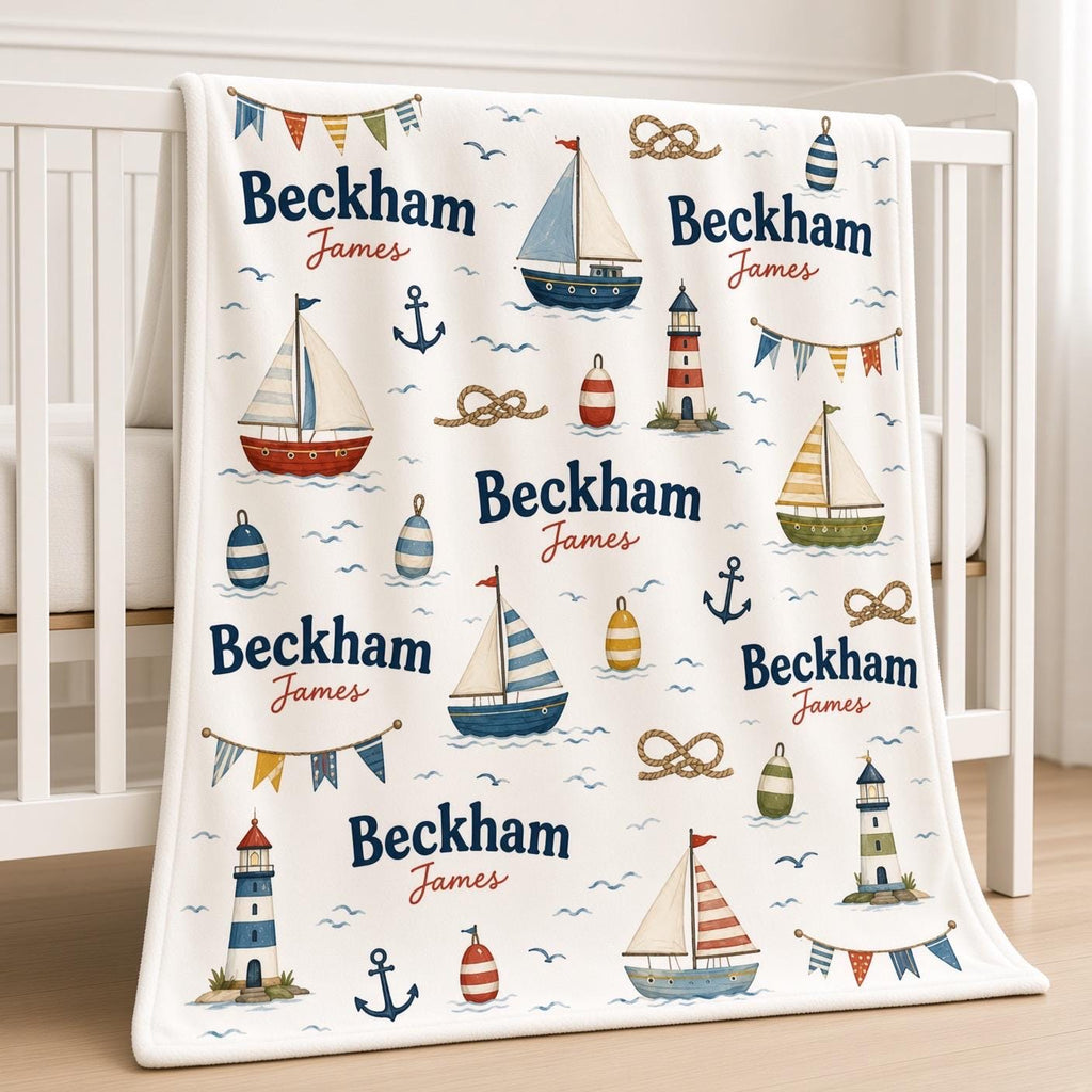 Personalized Sailboat Baby Blanket, Custom Name Boy Blanket, Nautical Nursery Decor, Coastal Baby Gift, Lighthouse Newborn Bl