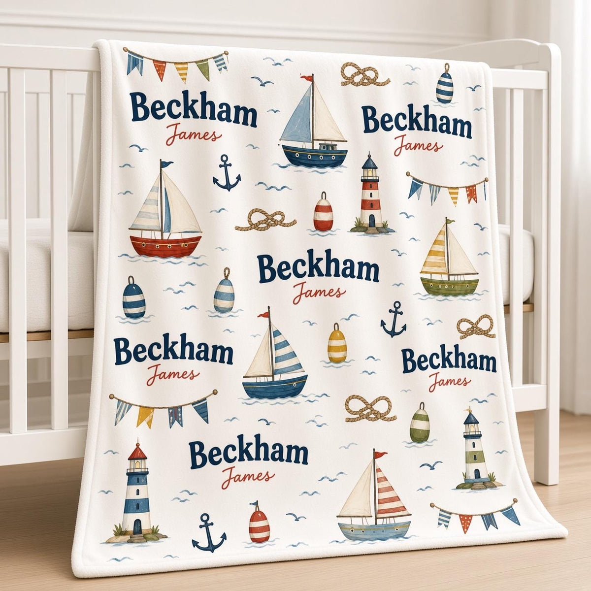 Personalized Sailboat Baby Blanket, Custom Name Boy Blanket, Nautical Nursery Decor, Coastal Baby Gift, Lighthouse Newborn Bl