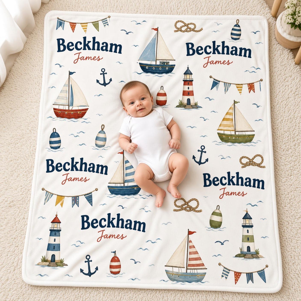 Personalized Sailboat Baby Blanket, Custom Name Boy Blanket, Nautical Nursery Decor, Coastal Baby Gift, Lighthouse Newborn Bl