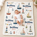 Personalized Sailboat Baby Blanket, Custom Name Boy Blanket, Nautical Nursery Decor, Coastal Baby Gift, Lighthouse Newborn Bl
