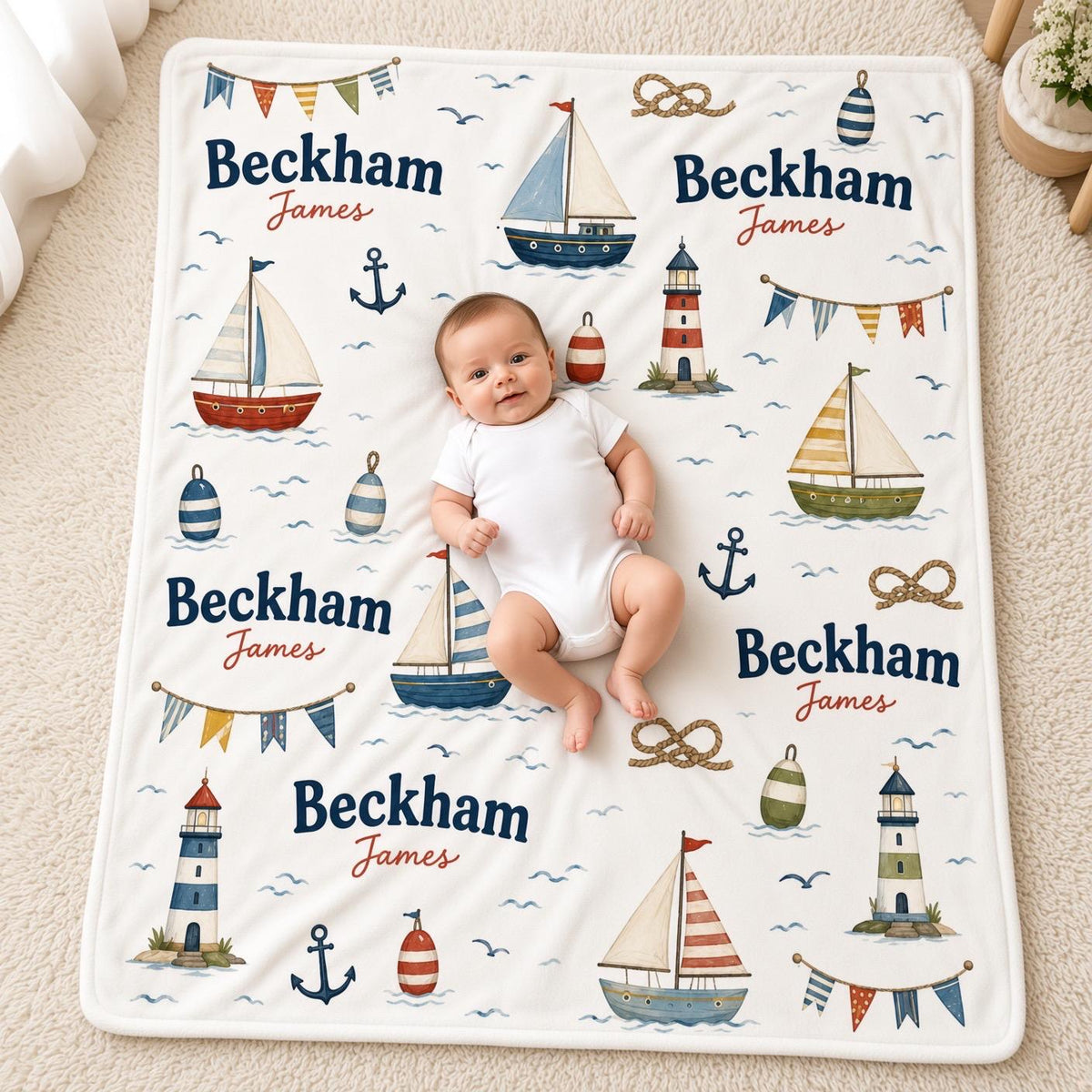 Personalized Sailboat Baby Blanket, Custom Name Boy Blanket, Nautical Nursery Decor, Coastal Baby Gift, Lighthouse Newborn Bl