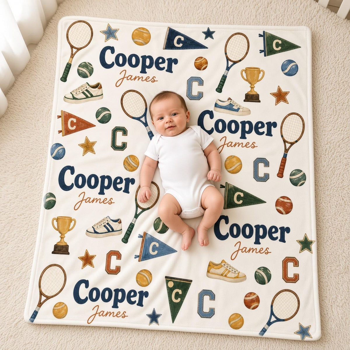 Personalized Tennis Baby Blanket, Custom Name Boy Blanket, Vintage Sports Nursery Decor, Tennis Baby Gift, Preppy Kids Blanke