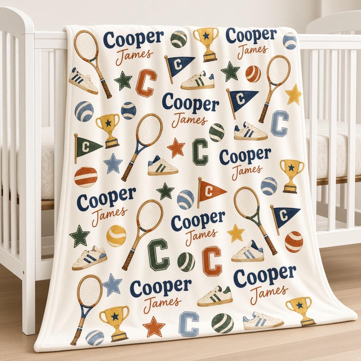 Personalized Tennis Baby Blanket, Custom Name Boy Blanket, Vintage Sports Nursery Decor, Tennis Baby Gift, Preppy Kids Blanke