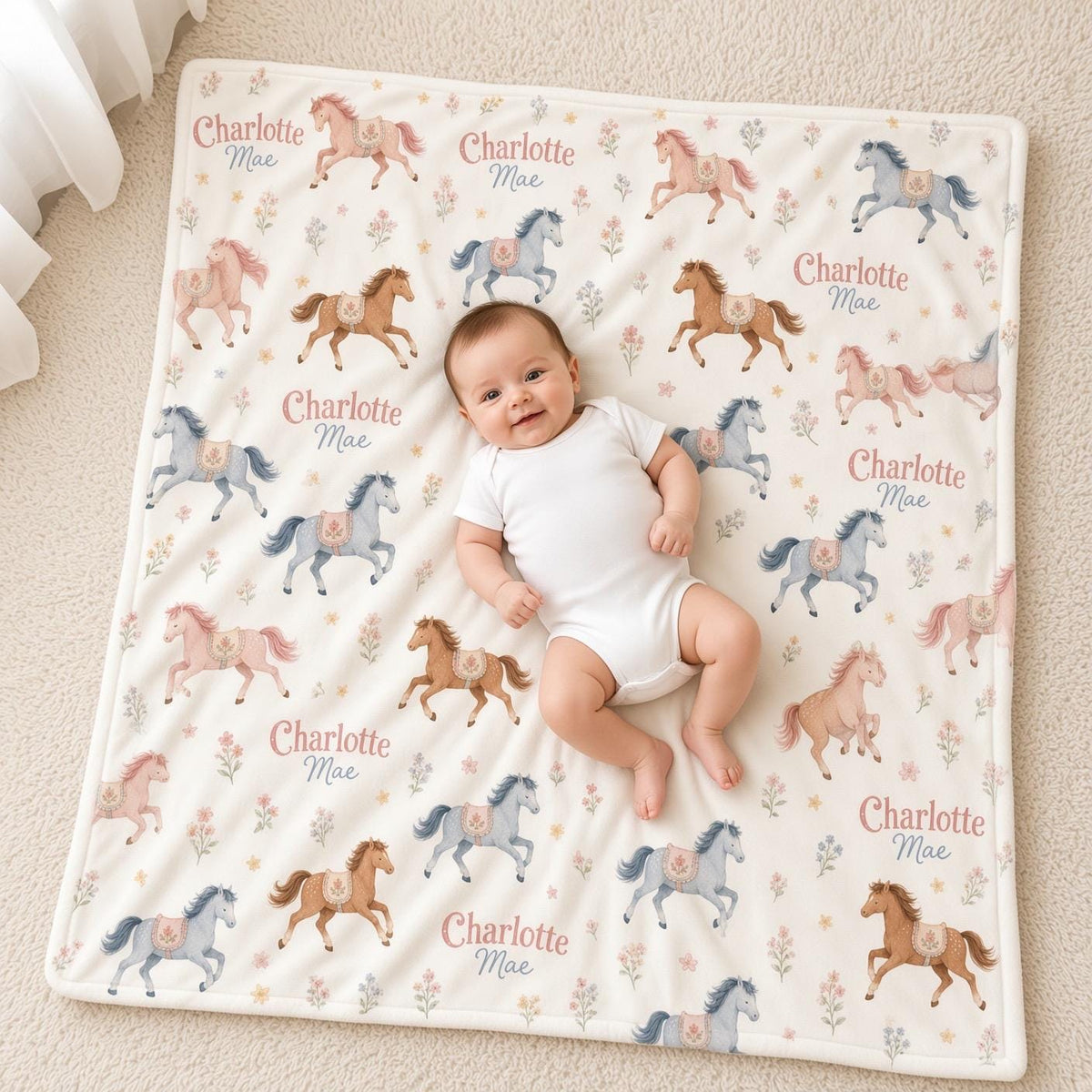 Personalized Horse Baby Blanket, Custom Name Baby Girl Blanket, Pony Nursery Decor, Equestrian Baby Gift, Floral Horse Blanke
