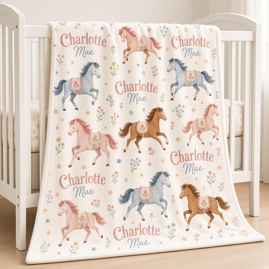Personalized Horse Baby Blanket, Custom Name Baby Girl Blanket, Pony Nursery Decor, Equestrian Baby Gift, Floral Horse Blanke