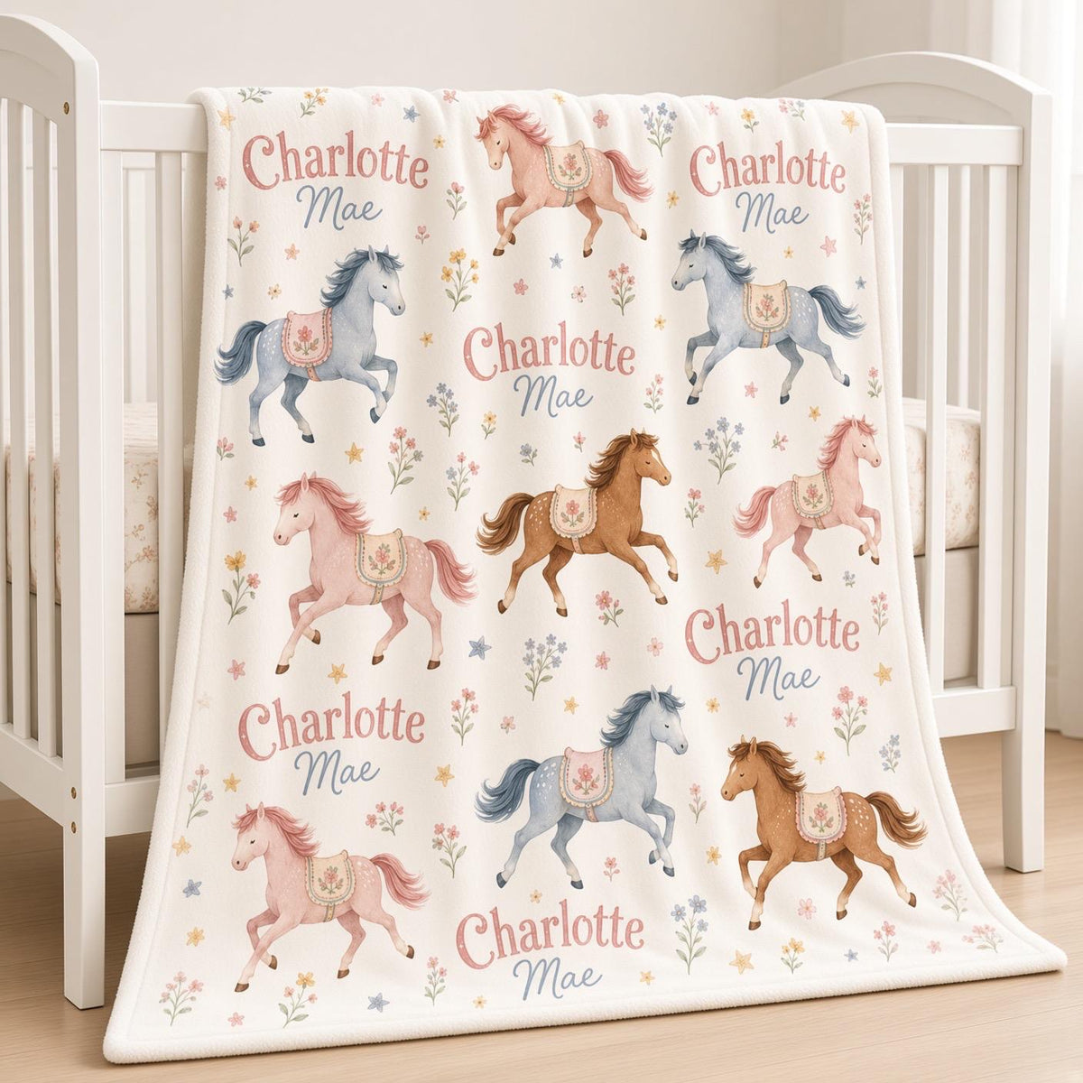 Personalized Horse Baby Blanket, Custom Name Baby Girl Blanket, Pony Nursery Decor, Equestrian Baby Gift, Floral Horse Blanke