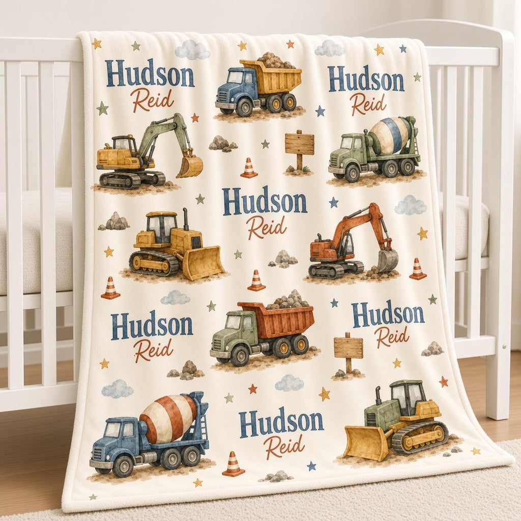 Personalized Construction Baby Blanket, Custom Name Boy Blanket, Construction Truck Nursery, Excavator Baby Gift, Dump Truck 
