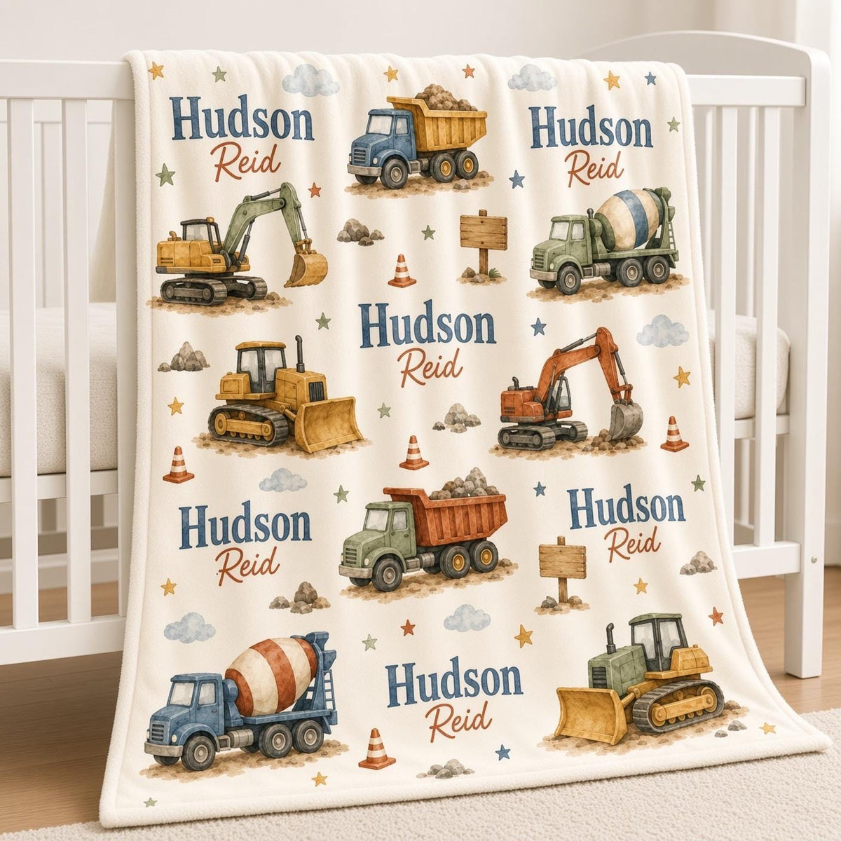 Personalized Construction Baby Blanket, Custom Name Boy Blanket, Construction Truck Nursery, Excavator Baby Gift, Dump Truck 