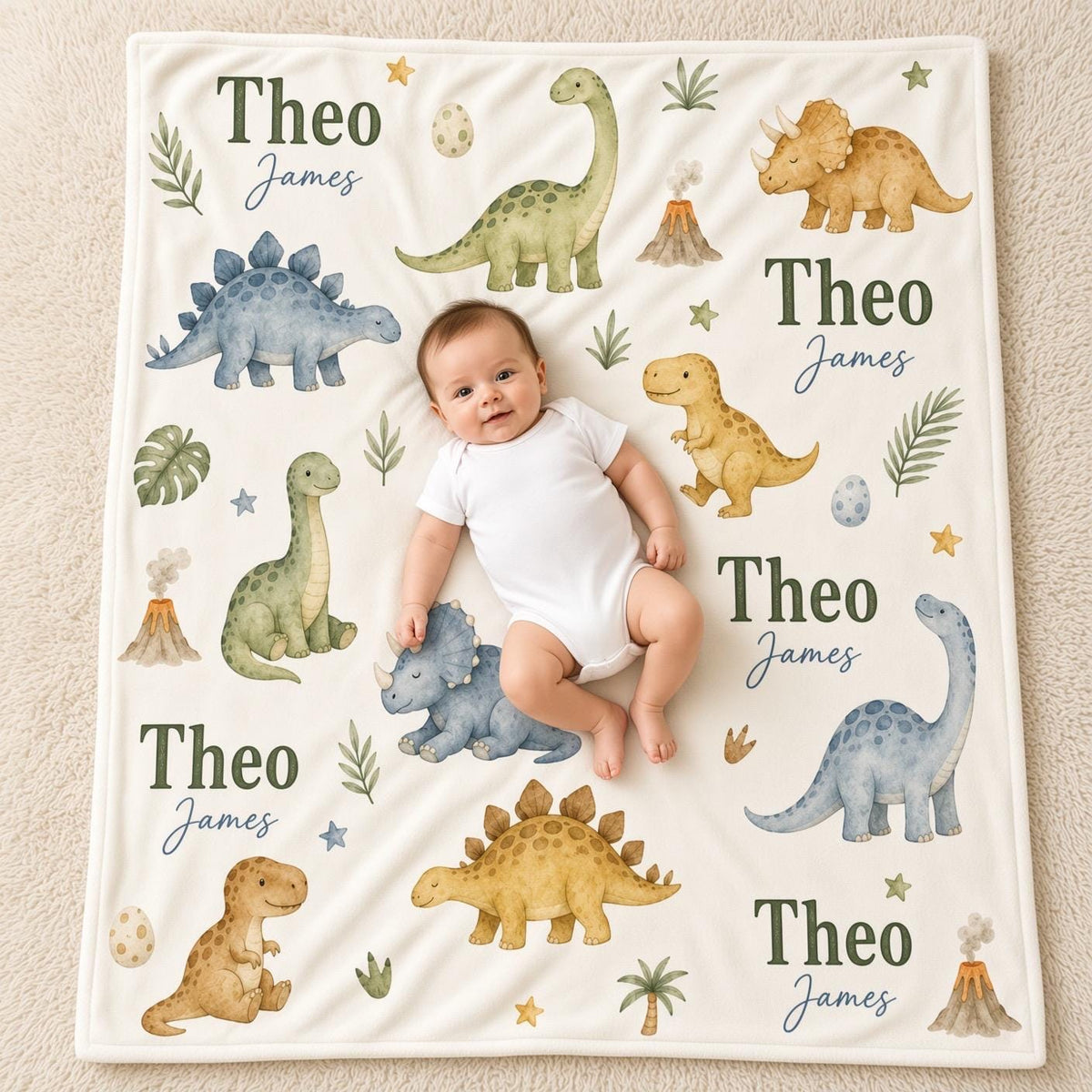 Personalized Dinosaur Baby Blanket, Custom Name Boy Blanket, Dino Nursery Decor, Prehistoric Baby Gift, Dinosaur Newborn Blan
