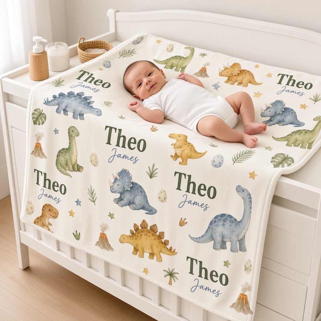 Personalized Dinosaur Baby Blanket, Custom Name Boy Blanket, Dino Nursery Decor, Prehistoric Baby Gift, Dinosaur Newborn Blan