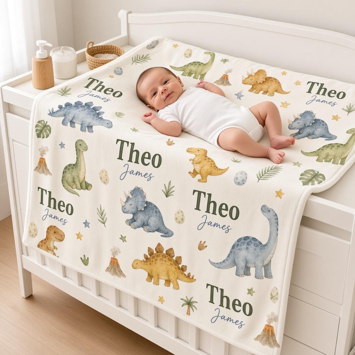 Personalized Dinosaur Baby Blanket, Custom Name Boy Blanket, Dino Nursery Decor, Prehistoric Baby Gift, Dinosaur Newborn Blan