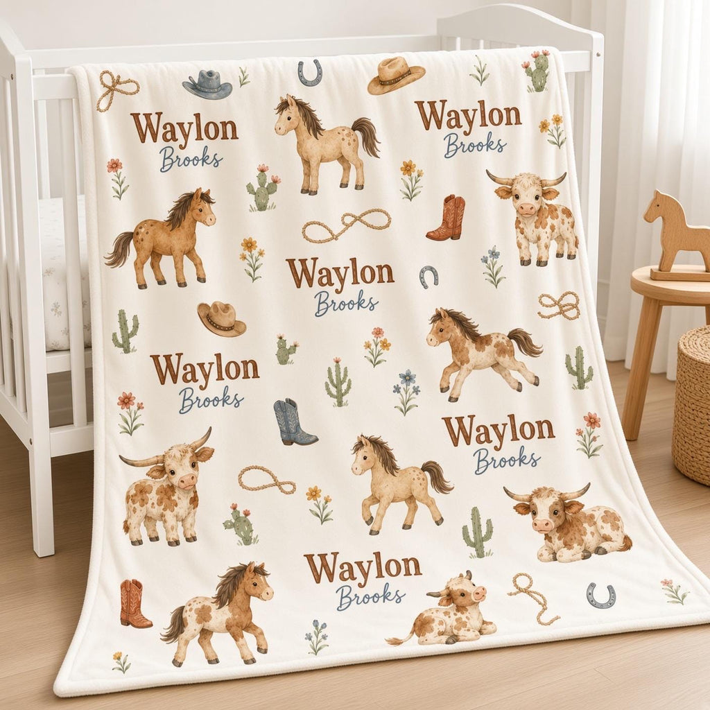 Personalized Cowboy Baby Blanket, Custom Name Western Baby Boy Blanket, Horse Highland Cow Nursery, Rodeo Baby Shower Gift