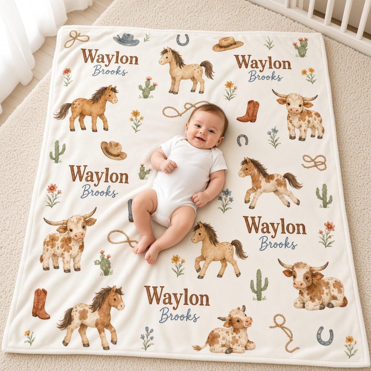 Personalized Cowboy Baby Blanket, Custom Name Western Baby Boy Blanket, Horse Highland Cow Nursery, Rodeo Baby Shower Gift