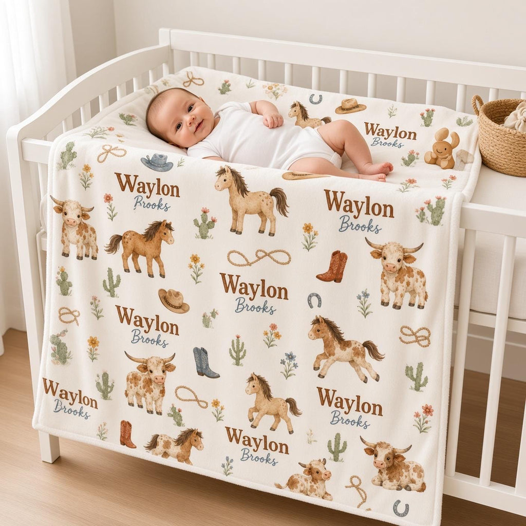 Personalized Cowboy Baby Blanket, Custom Name Western Baby Boy Blanket, Horse Highland Cow Nursery, Rodeo Baby Shower Gift