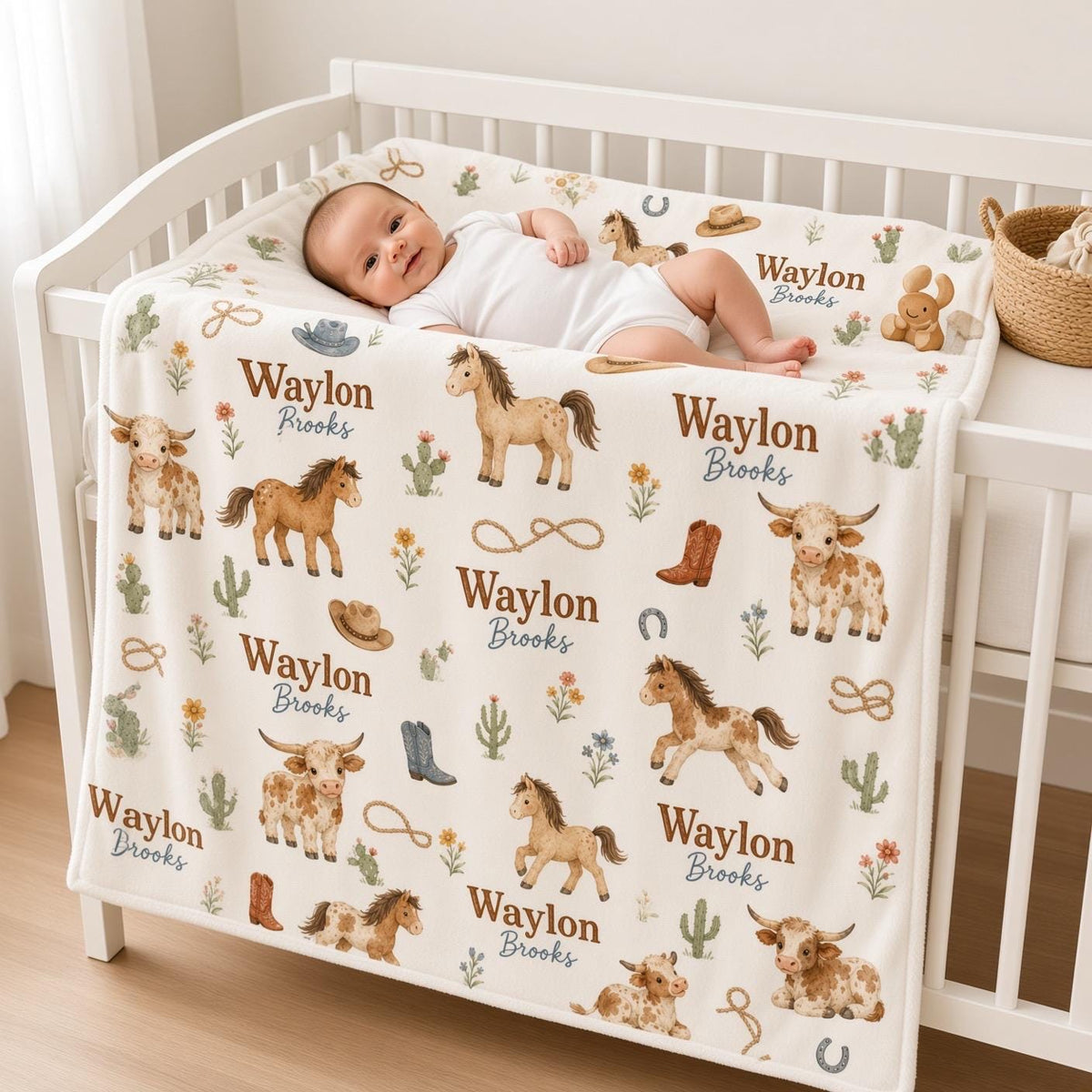 Personalized Cowboy Baby Blanket, Custom Name Western Baby Boy Blanket, Horse Highland Cow Nursery, Rodeo Baby Shower Gift