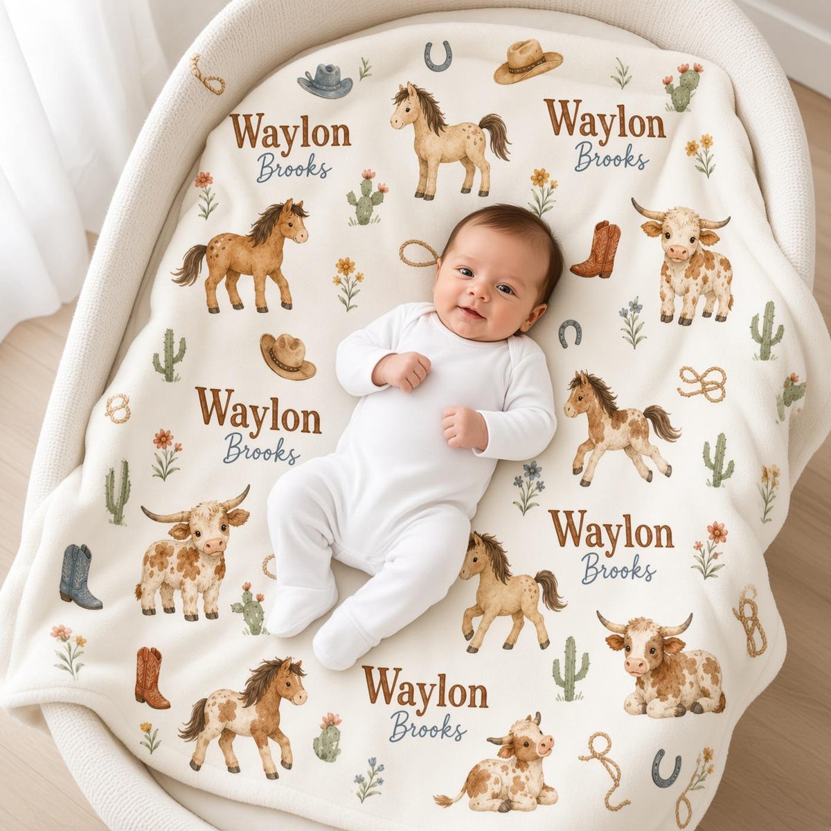 Personalized Cowboy Baby Blanket, Custom Name Western Baby Boy Blanket, Horse Highland Cow Nursery, Rodeo Baby Shower Gift