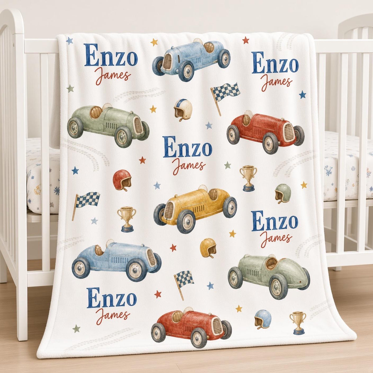 Personalized Race Car Baby Blanket, Custom Name Boy Blanket, Vintage Racing Nursery Decor, Racecar Baby Gift, Boy Crib Blanke