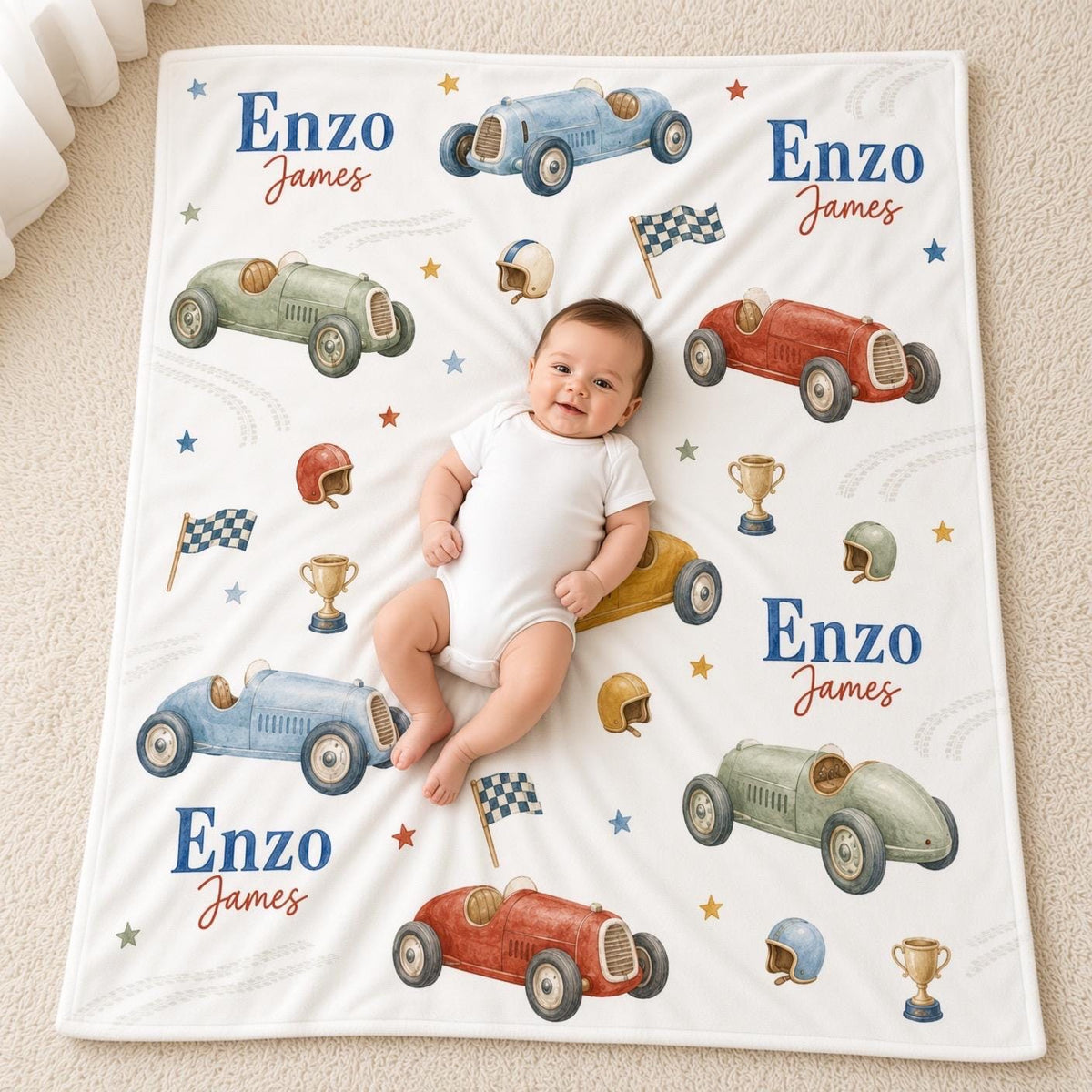 Personalized Race Car Baby Blanket, Custom Name Boy Blanket, Vintage Racing Nursery Decor, Racecar Baby Gift, Boy Crib Blanke