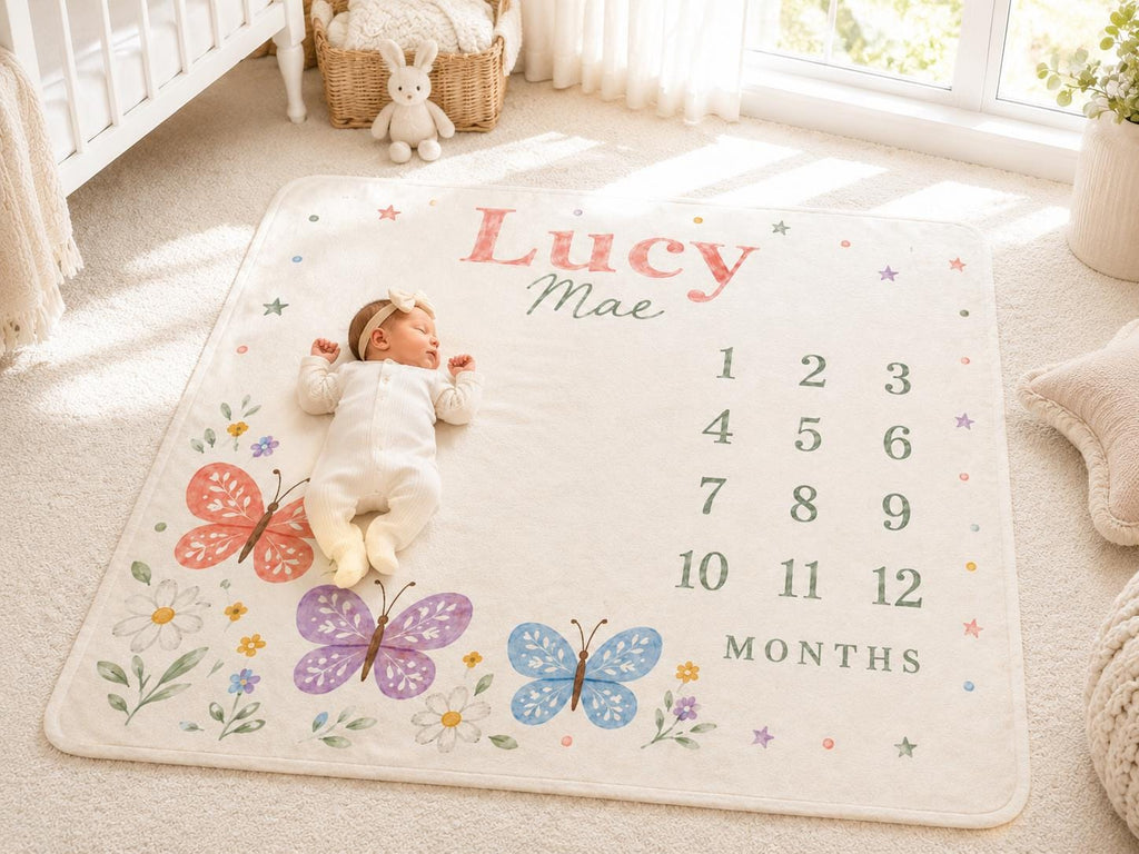 Personalized Milestone Baby Blanket, Butterfly Monthly Milestone Blanket, Custom Name Baby Girl Blanket, Newborn Baby Shower 