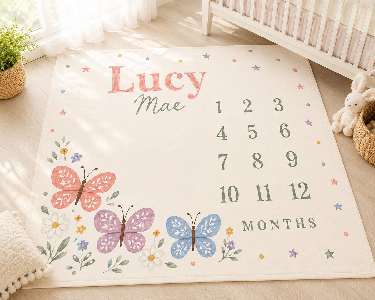 Personalized Milestone Baby Blanket, Butterfly Monthly Milestone Blanket, Custom Name Baby Girl Blanket, Newborn Baby Shower 