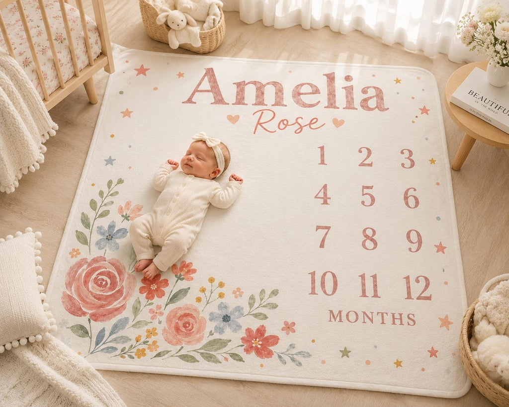 Personalized Baby Milestone Blanket, Floral Monthly Milestone Blanket, Custom Name Baby Girl Blanket, First Year Photo Prop, 