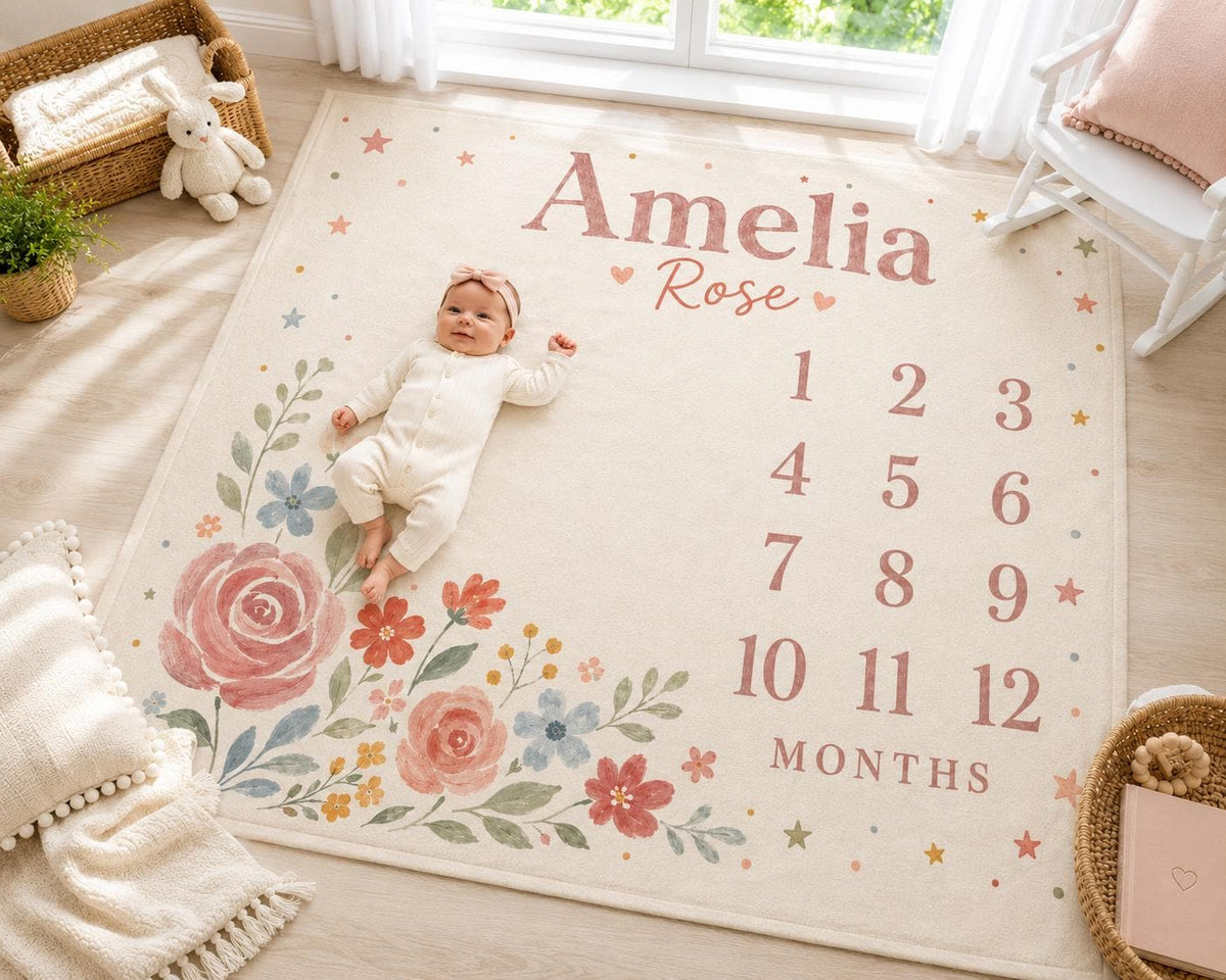Personalized Baby Milestone Blanket, Floral Monthly Milestone Blanket, Custom Name Baby Girl Blanket, First Year Photo Prop, 