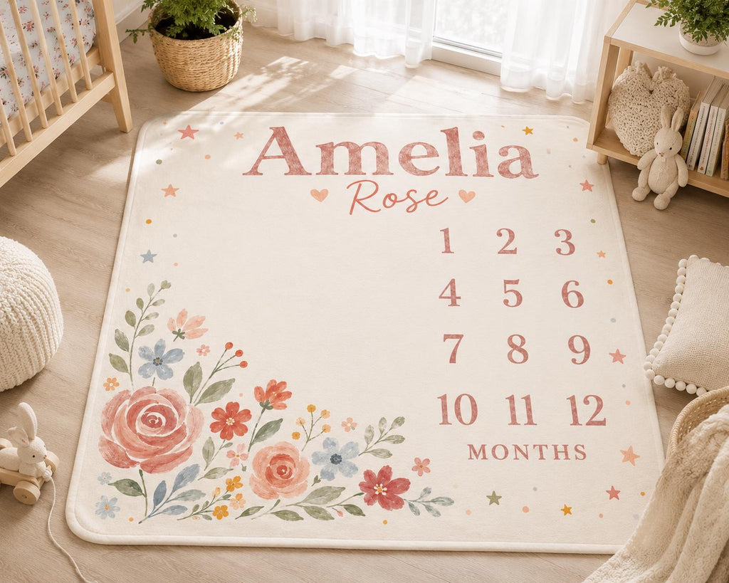 Personalized Baby Milestone Blanket, Floral Monthly Milestone Blanket, Custom Name Baby Girl Blanket, First Year Photo Prop, 