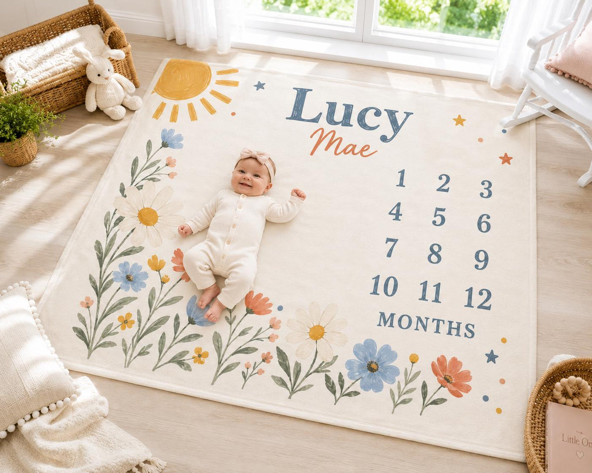 Personalized Baby Milestone Blanket, Wildflower Monthly Milestone Blanket, Custom Name Baby Girl Blanket, First Year Baby Sho