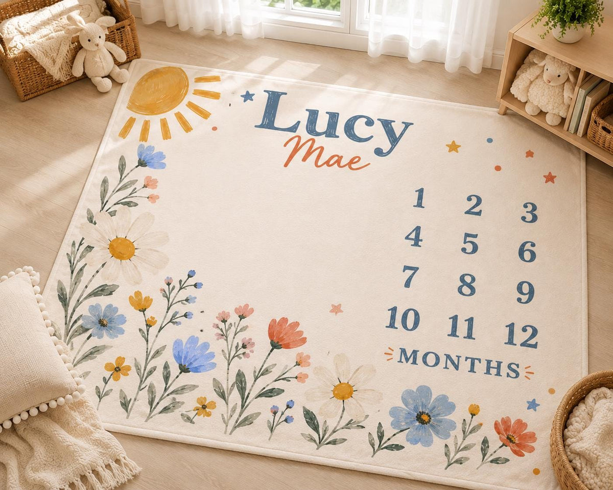Personalized Baby Milestone Blanket, Wildflower Monthly Milestone Blanket, Custom Name Baby Girl Blanket, First Year Baby Sho