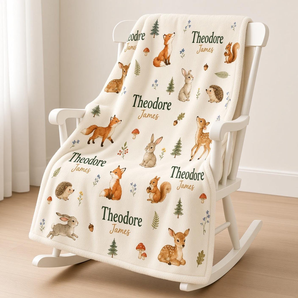 Personalized Woodland Baby Blanket, Custom Name Baby Boy Blanket, Forest Animal Nursery, Deer Fox Bunny Newborn Gift