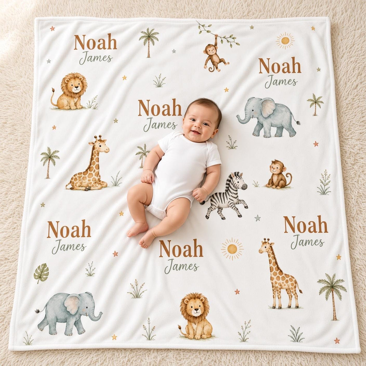 Personalized Safari Baby Blanket, Custom Name Baby Boy Blanket, Jungle Animal Nursery Decor, Safari Newborn Gift, Baby Shower