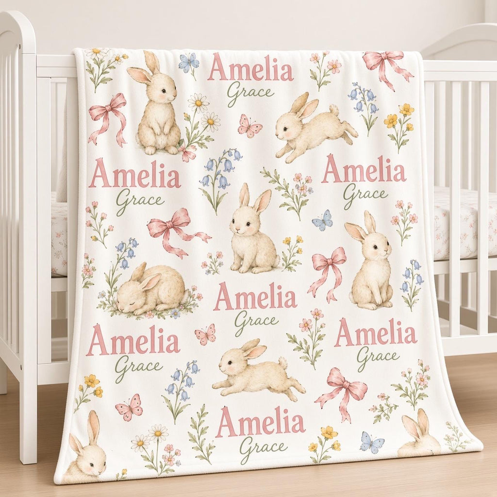 Personalized Bunny Baby Blanket, Custom Name Baby Girl Blanket, Floral Rabbit Nursery Decor, Newborn Girl Gift, Baby Shower G