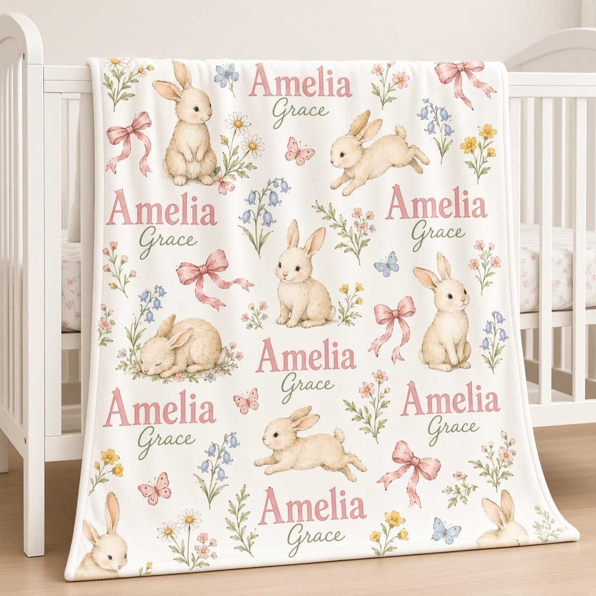 Personalized Bunny Baby Blanket, Custom Name Baby Girl Blanket, Floral Rabbit Nursery Decor, Newborn Girl Gift, Baby Shower G