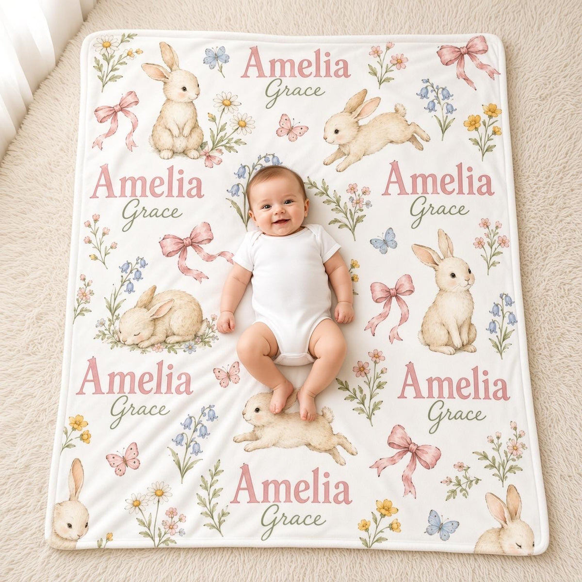 Personalized Bunny Baby Blanket, Custom Name Baby Girl Blanket, Floral Rabbit Nursery Decor, Newborn Girl Gift, Baby Shower G