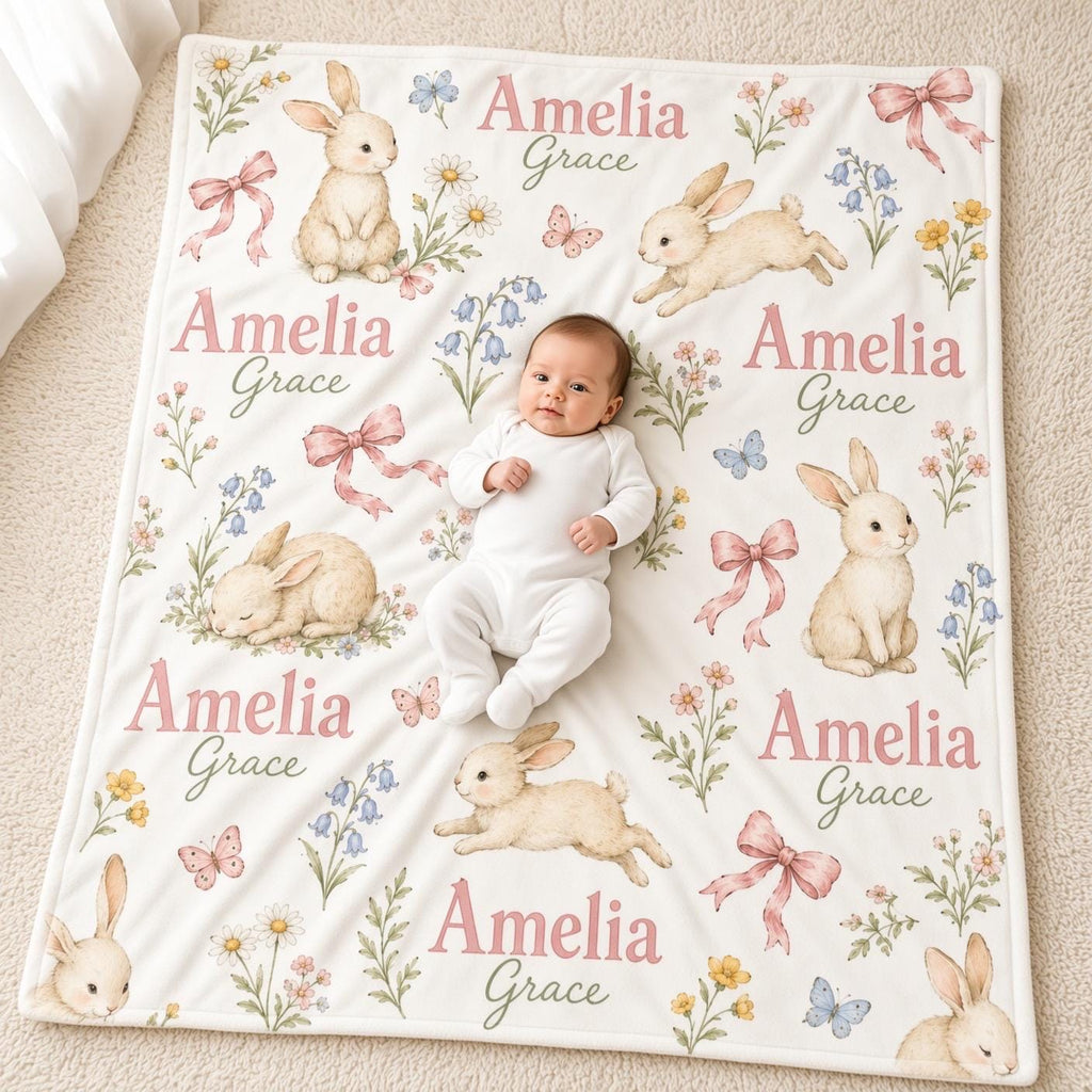 Personalized Bunny Baby Blanket, Custom Name Baby Girl Blanket, Floral Rabbit Nursery Decor, Newborn Girl Gift, Baby Shower G