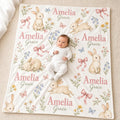 Personalized Bunny Baby Blanket, Custom Name Baby Girl Blanket, Floral Rabbit Nursery Decor, Newborn Girl Gift, Baby Shower G