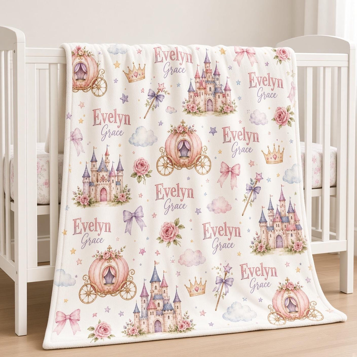 Personalized Princess Baby Blanket, Custom Name Fairytale Blanket, Princess Castle Nursery Blanket, Baby Girl Gift, Personali