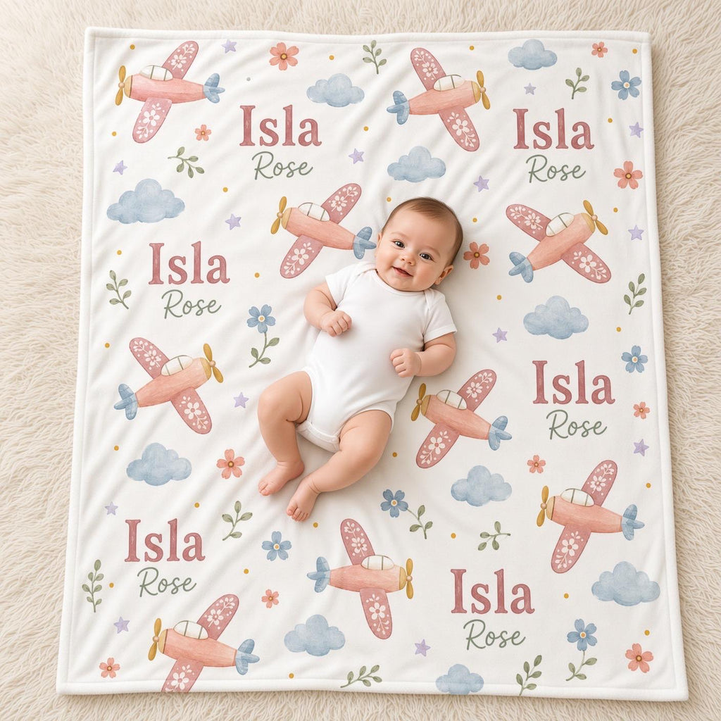 Personalized Airplane Baby Blanket, Custom Name Girl Blanket, Pink Airplane Nursery Decor, Baby Girl Aviation Gift, Floral Pl