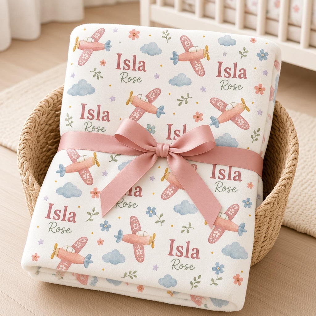 Personalized Airplane Baby Blanket, Custom Name Girl Blanket, Pink Airplane Nursery Decor, Baby Girl Aviation Gift, Floral Pl
