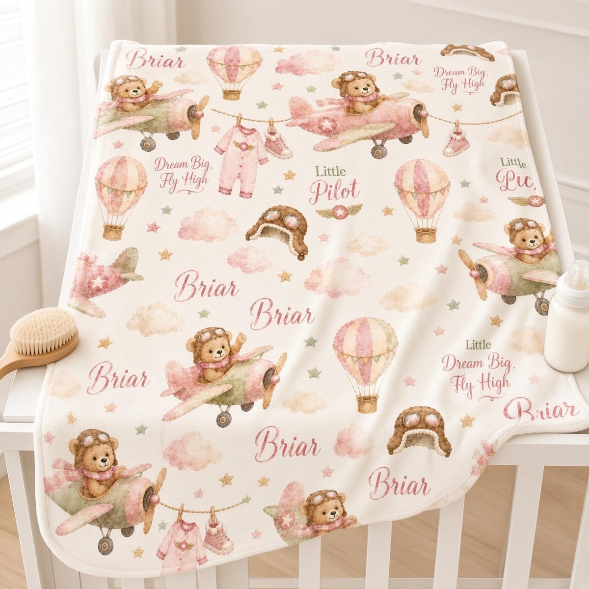 Personalized Aviator Baby Blanket, Pink Airplane Girl Blanket, Custom Name Pilot Blanket, Teddy Bear Aviation Nursery, Baby G